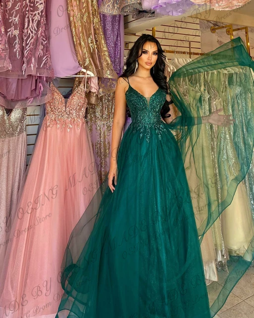 OEING Glitter verde smeraldo Tulle abiti lunghi da ballo pizzo Applique cinghie scollo a V bretella vestito da partito 2024 donne abiti da sera AliExpress