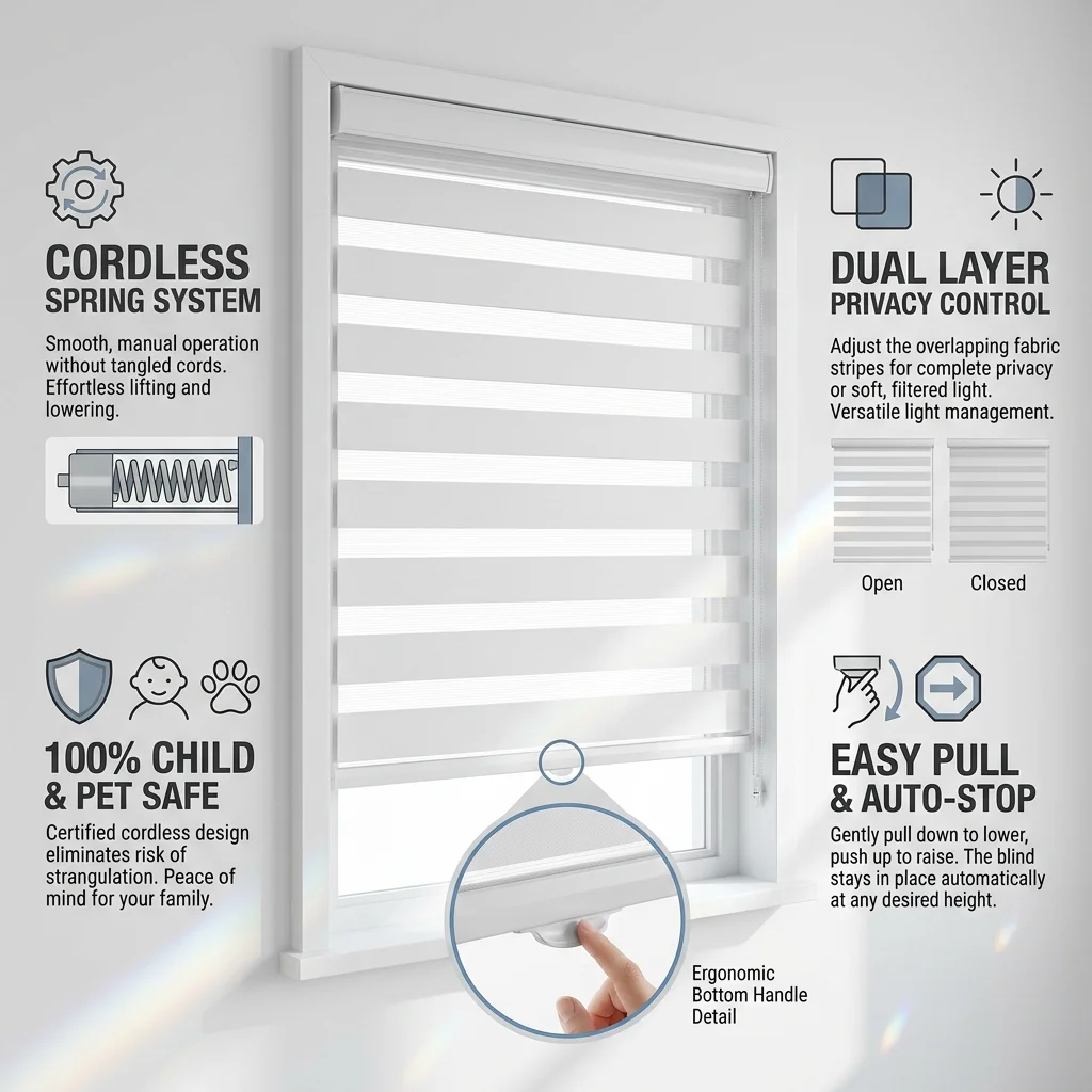 Customizable Blinds Filtering Fabric Privacy Control Light Aluminium Alloy Fittings Manual Cordless Spring Zebra Blind For Home