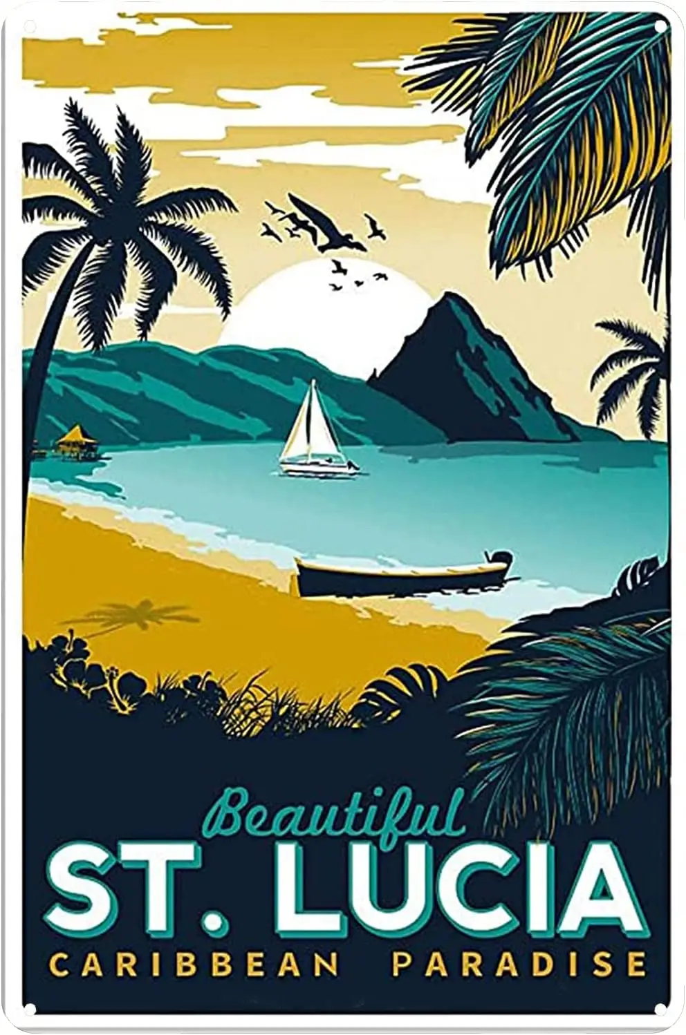 Vintage Metal Tin Signs Travel St Lucia Caribbean Paradise Wall Art Hanging Poster Plague for Home Bedroom Decor 12x8 inch