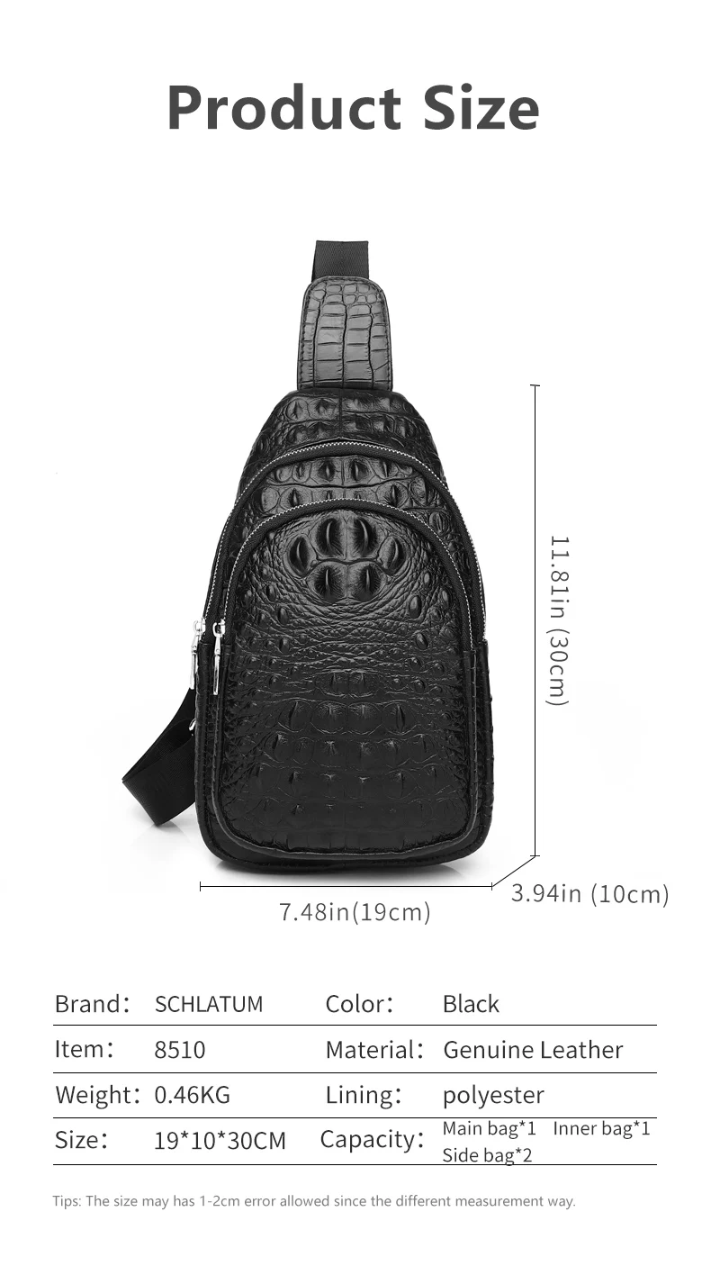 Schlatum 100% Rindsleder Männer Krokodil Narben Mode schwarz multifunktion ale Leder Brusttasche – Detail 3