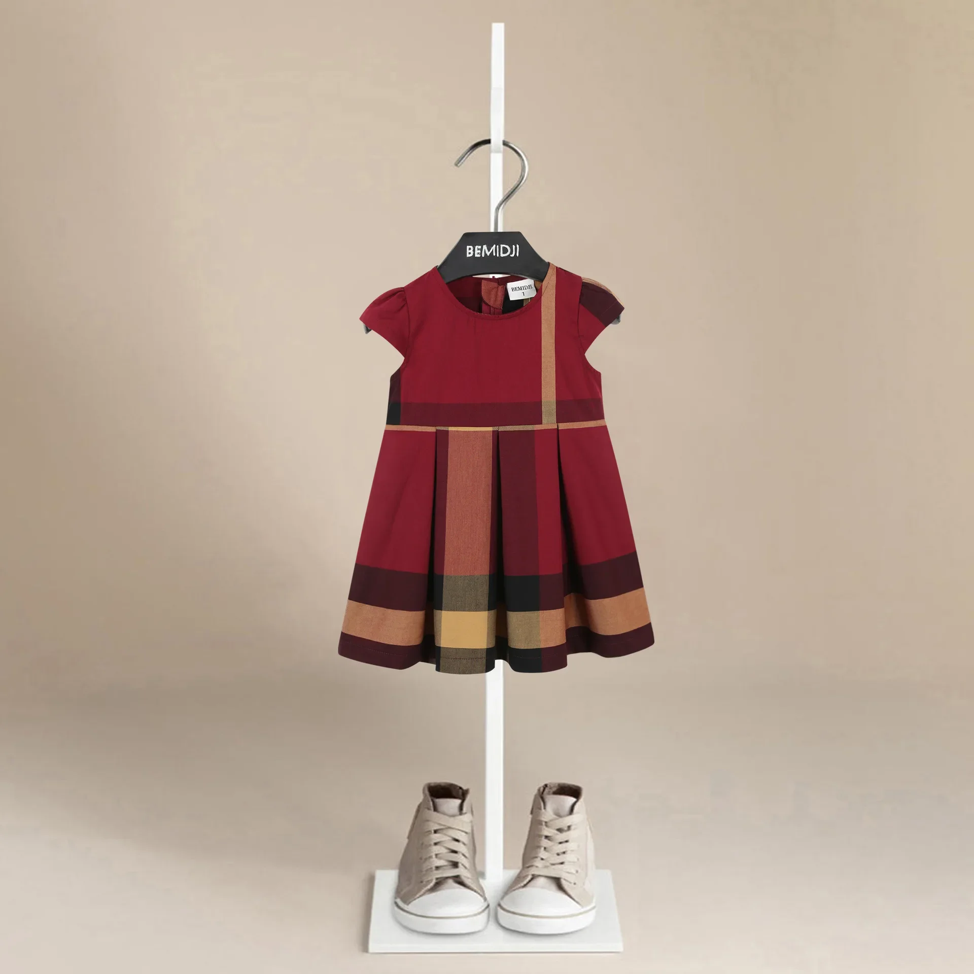 Baby Girl Red Tartan Plaid Dress Cap Sleeve Pleated A-Line Dress Toddler Girls Summer Casual Birthday Wedding Party Outfit