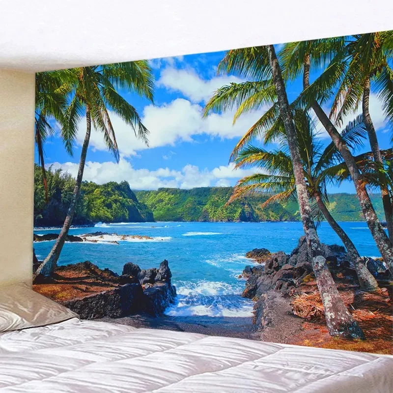 VIKAMA Tropical Seaside Wall Tapestry White Sand Beach Lounge Chair Blue Sky Ocean Pattern Fabric Wall Backdrop