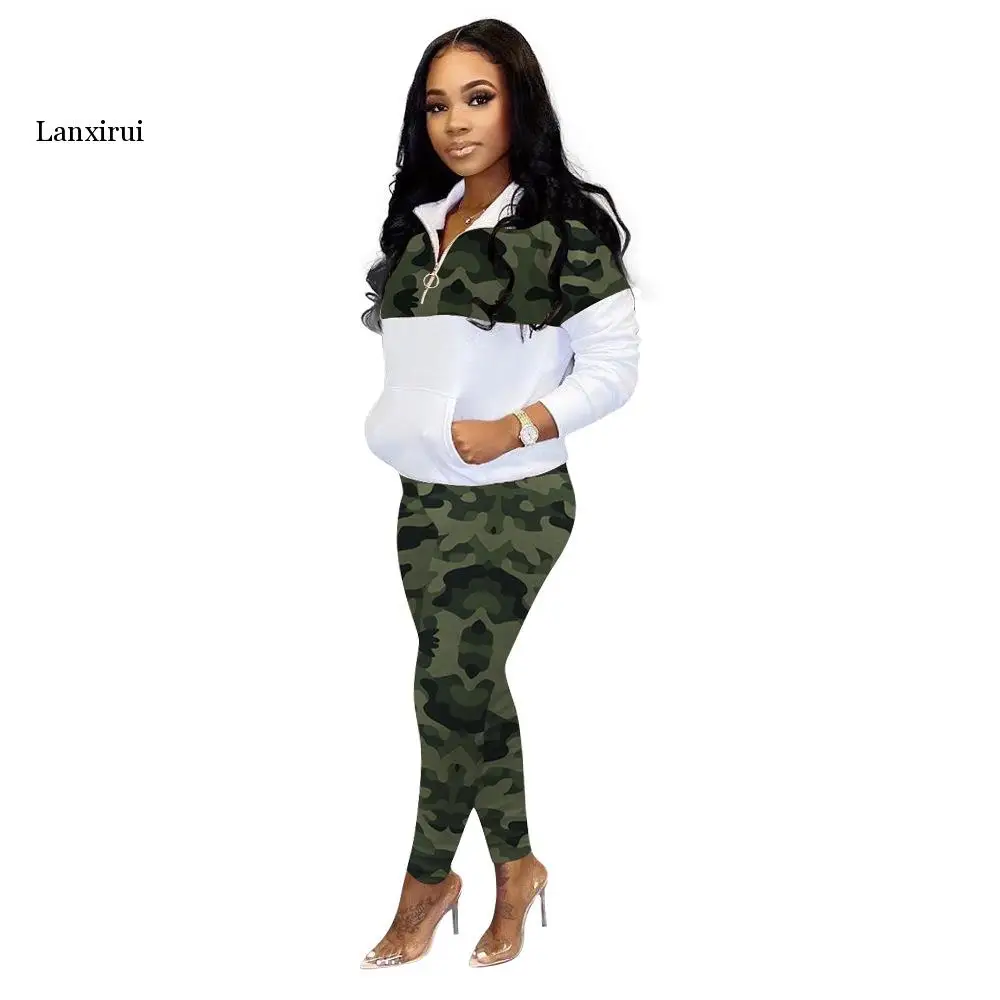 Camouflage Panelled Fitness 2 Piece Set Women Clothes Long Sleeve Zipper Front Pockets Hoodie   Straight Pants Fleece Tracksuits