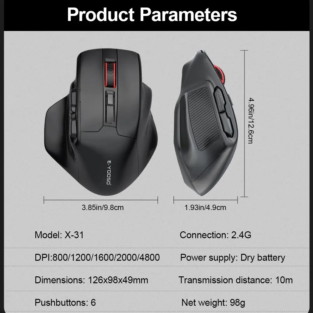 E-YOOSO X-31 USB 2.4G Wireless Gaming Large Mouse for Big Hands PAW3212 4800 DPI 5 Buttons for Gamer Mice Computer Laptop PC