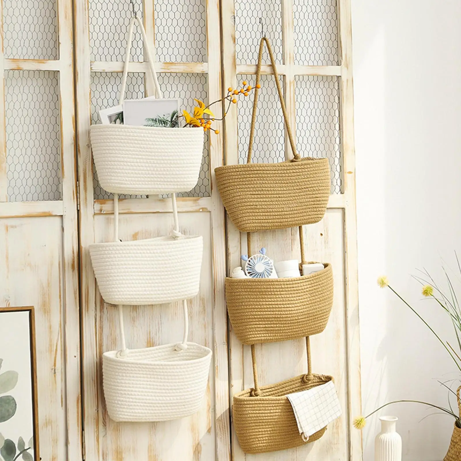 Cotton Rope 3 Tier Hanging Basket Wall Mount Organizer Hand Woven Multifunctional Decorative Magazine Rack for Kids Room Holder