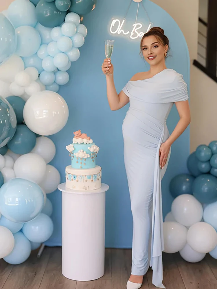 Elegant Light Blue One Shoulder Maternity Photoshoot Dress Long Maxi Pregnancy Gown Baby Shower Gender Reveal Photography Outfit