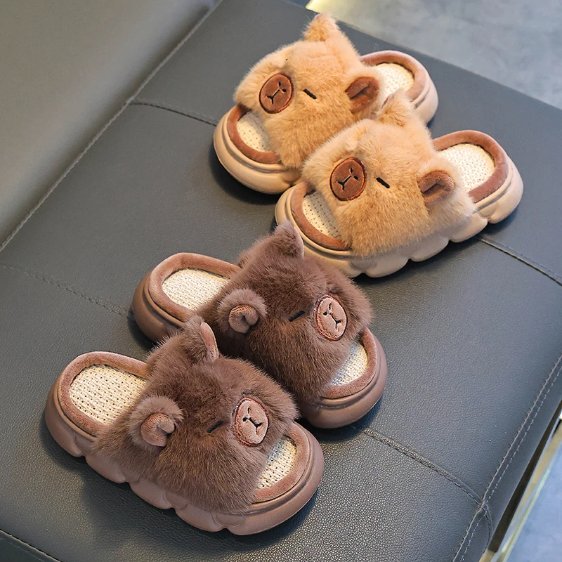 Lovely Capibala Linen Slippers for Children Four Seasons Thick Bottom Non Slip Home Slides Woman Comfortable Soft Sole Slippers - view 6