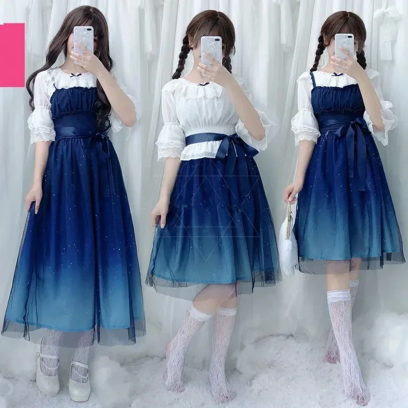 OP01 Moda japonesa Galaxy Vestido estrellado azul Mujeres Lolita Verano JSk Hermana suave Lindo Vestido de hadas Encaje Princesa Tul Str6Gd@!