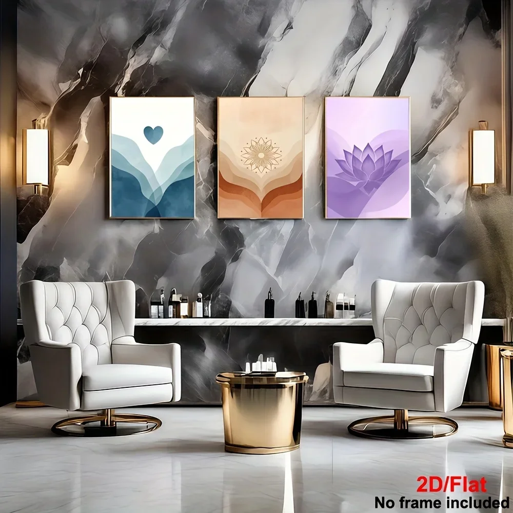 2D Flat, 3pcs 2D Spiritual Wall Art Set: Heart, for Lotus, and Mandala Healing Prints for Wall Decor