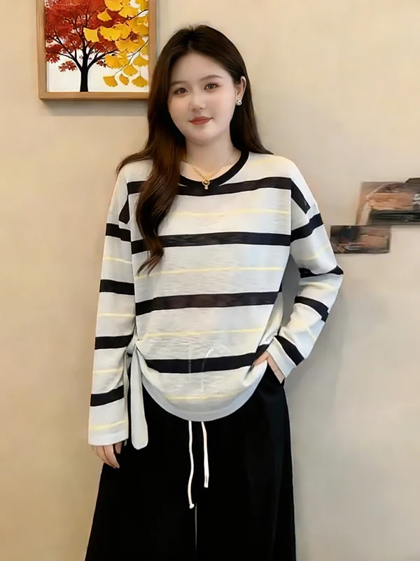 

Корейский повседневный полосатый трикотажный джемпер для женщин больших размеров, свободный, стройнящий, с длинным рукавом, весна 2026, новинка, модный