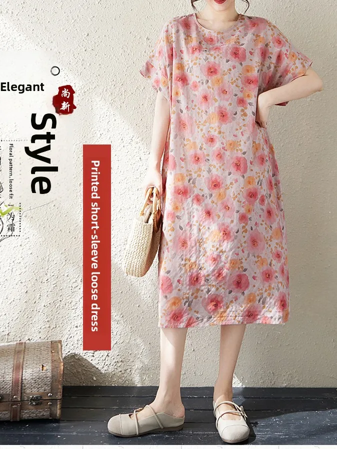 

plus Size Summer Lightweight Cotton Linen Dress Short Sleeve Floral Print Loose Fit Midi Dress Breathable Comfortable for Women
