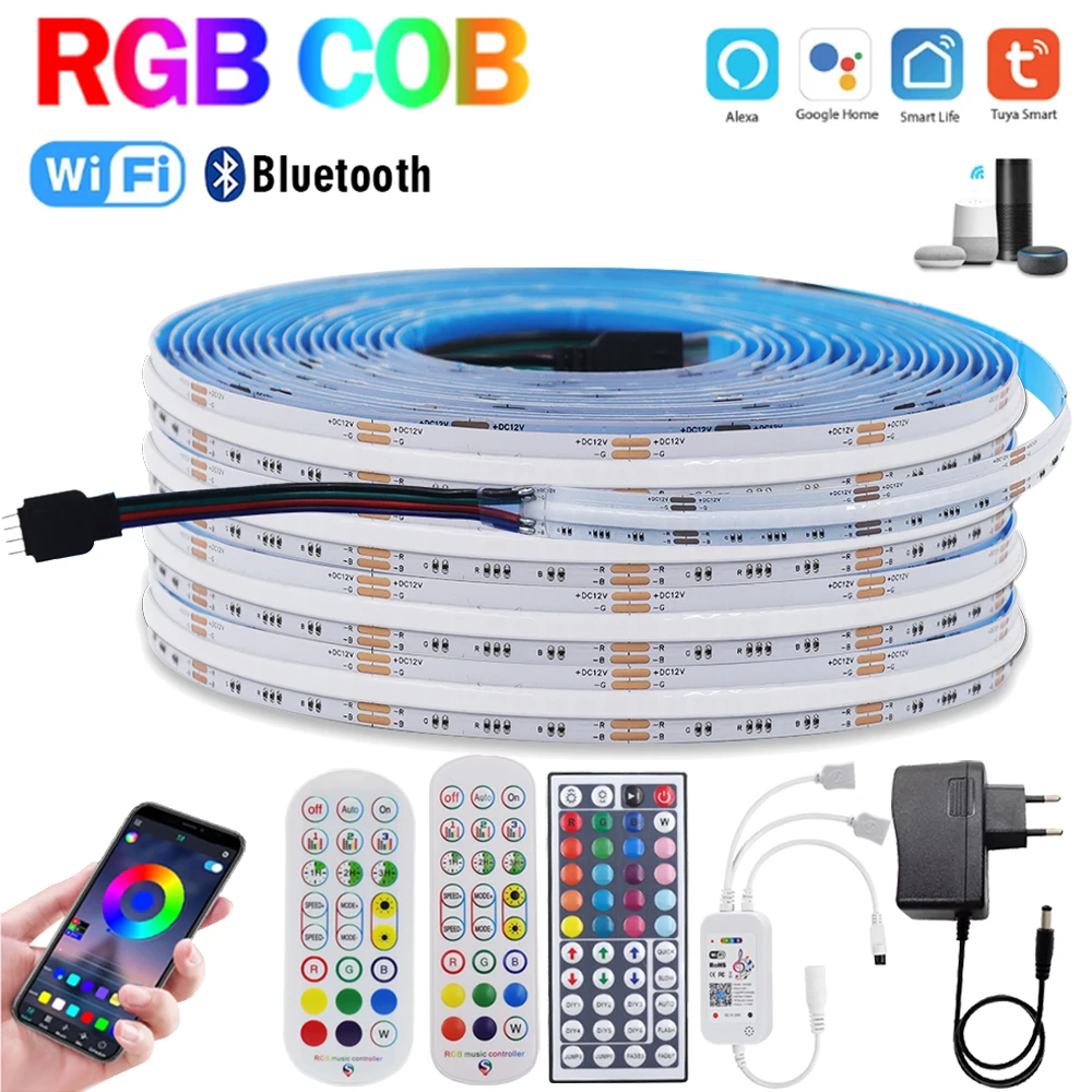 

RGB COB Led Strip 12V 24V 840LEDs/m Tuya Wifi Bluetooth App Control Super Bright Flexible FOB LED Tape Light Bar for Room Decor