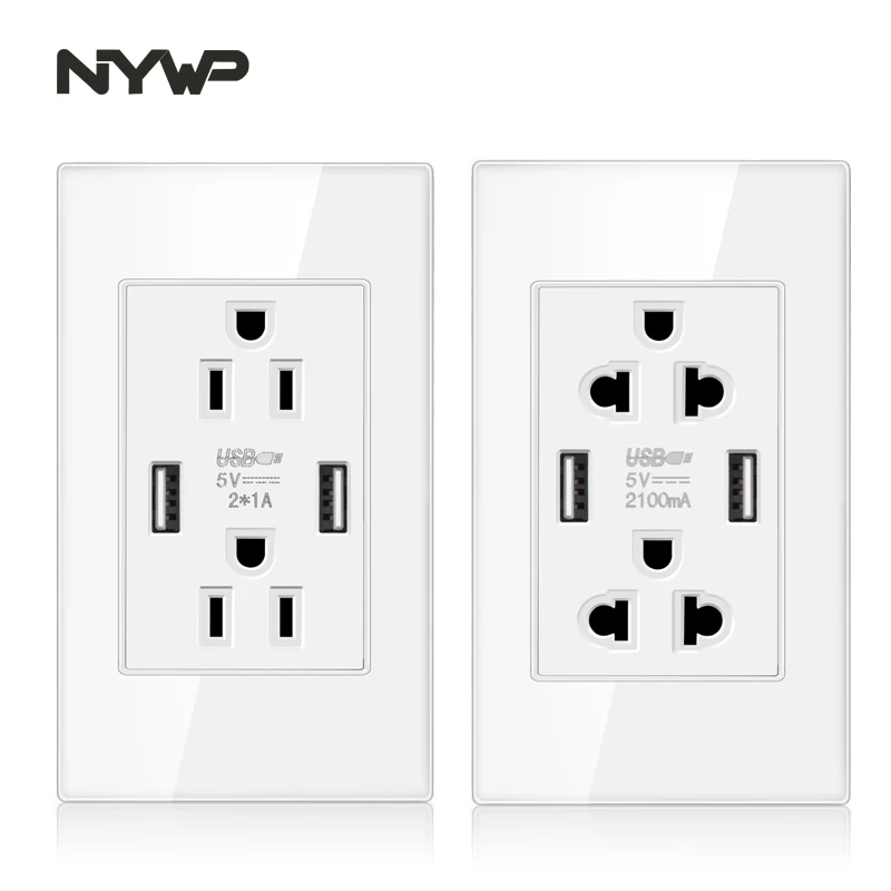 NYWP tempered glass American multi-function socket, 2.1A dual USB power adapter socket, 15A American standard duplex socket