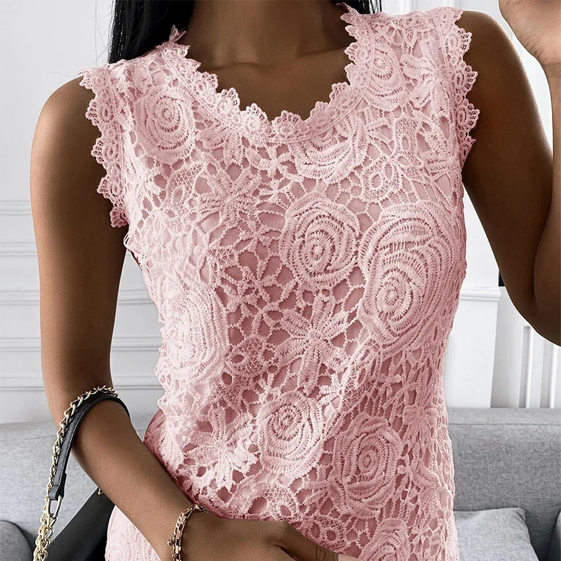 2024 New Summer Fashion Ladies Lace Jacquard Sleeveless Casual Women Vintage T-Shirt S-5XL Floral Vest Camisole Halter Top