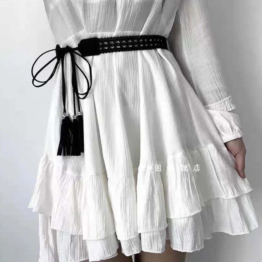 Pu Leather Hollow Tassel Tie Waist Belt Bohemian Open‑Work Pattern Freely Tied Strap Shiny Tassel Hardware Detail Ladies