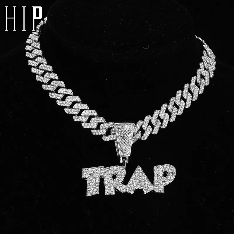 

HIP HOP Iced Out Letters TRAP Pendants With 13mm Cuban Link Chain AAA+ Rhinestone Necklaces For Men's Women Rapper Jewelry