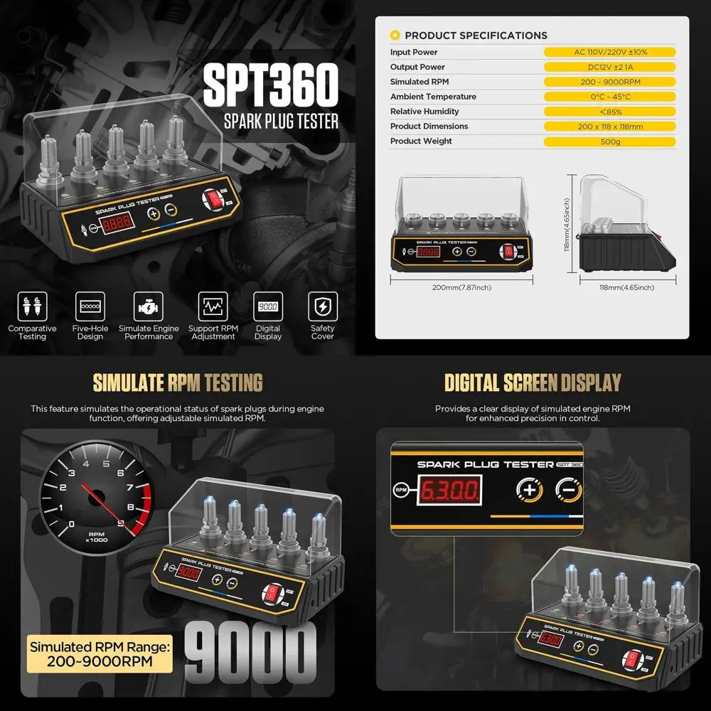 

5-Holes Spark Plug Tester SPT360 Automotive Moto Spark Plug Ignition Tools Adjustable Frequency 200~9999rpm&Hole Height Ignition