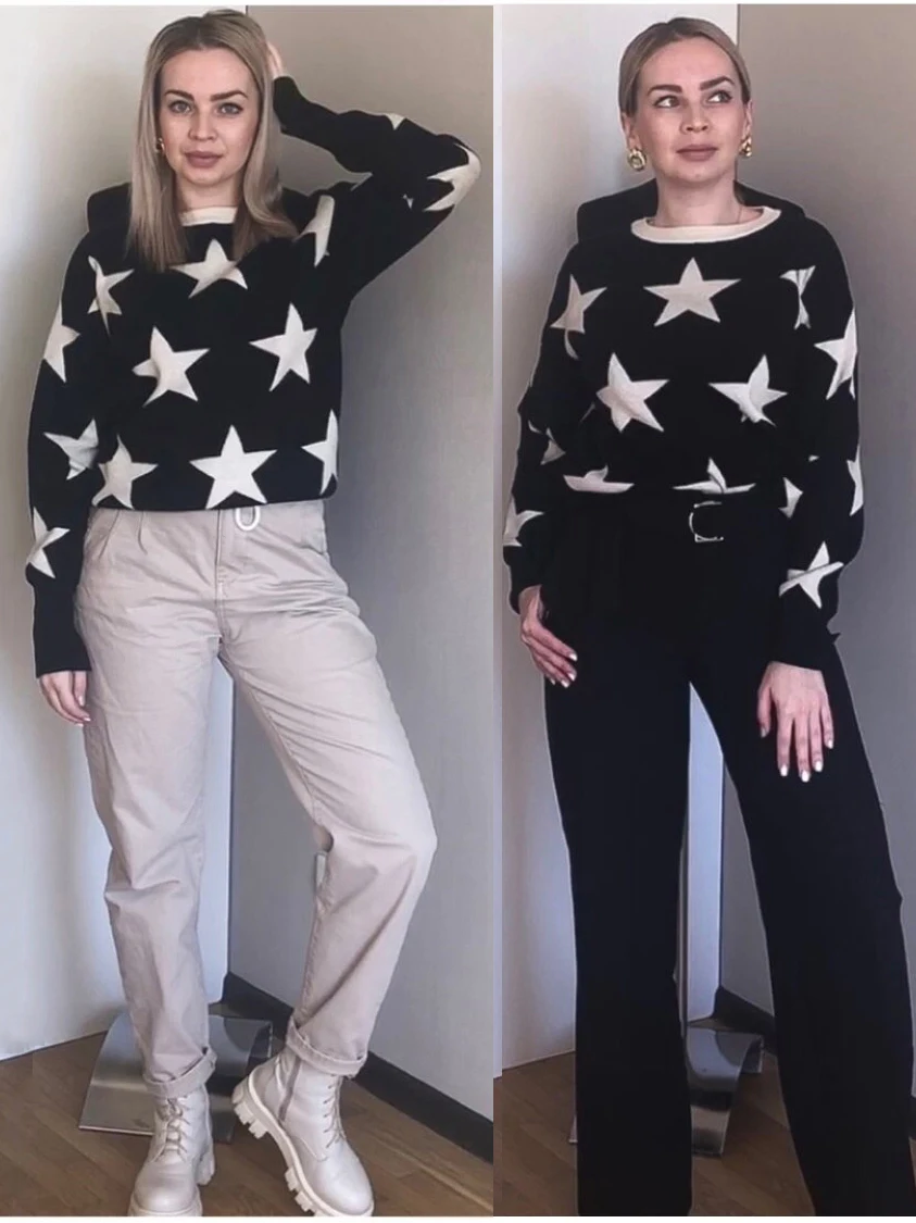 Quality Guarantee Fall Winter Women\'s Sweater O-Neck Star Pullover Knitting Sweaters Long Sleeve With Split Casual Jumper C-147