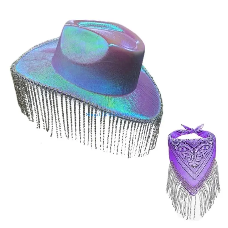 400A Sparkling Cowboy Hat Pink Bandana for Stage Shows Photo Studio Props