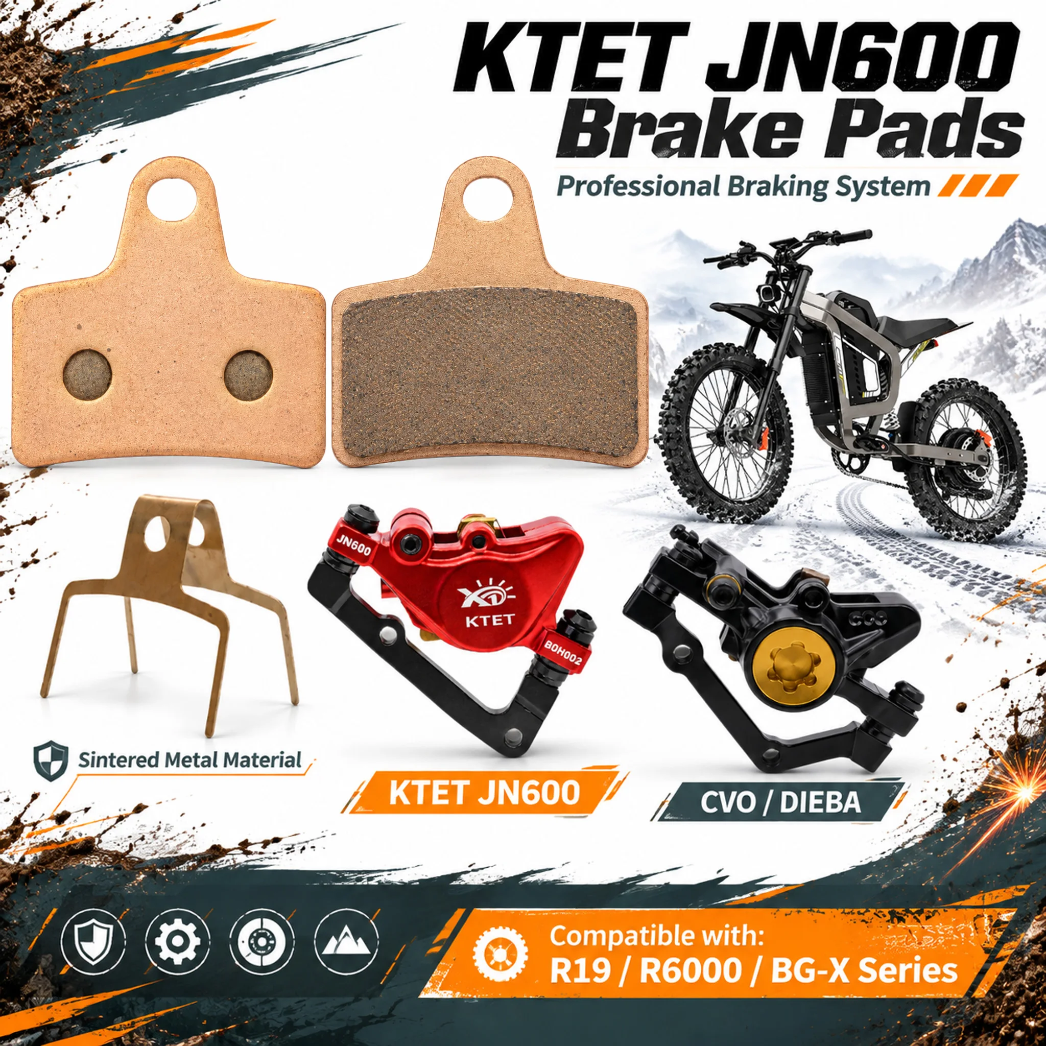 Full Metal KTET JN600 Brake Pads, for 2 Piston Caliper, COSWHEEL R19, Disc Pad for E-Bike E-Moto, High Temp Long Lasting Part