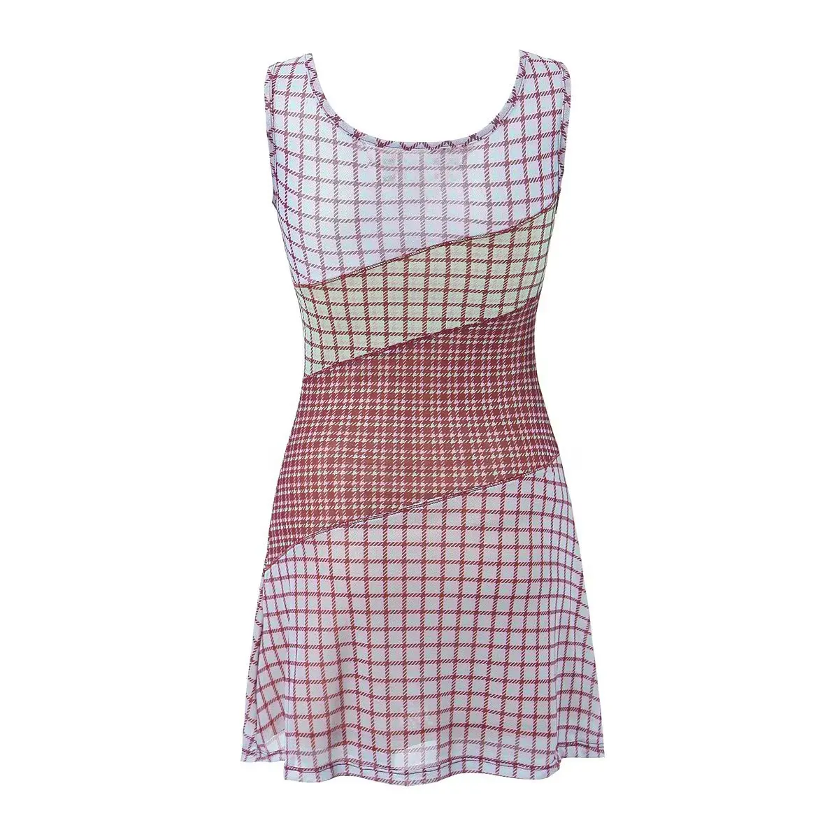 2023 Sexy Ruched U Collar Contrast Color Plaid Print Mini Mesh Sling Dress Women Packages Hips A-lined Robe With Lining