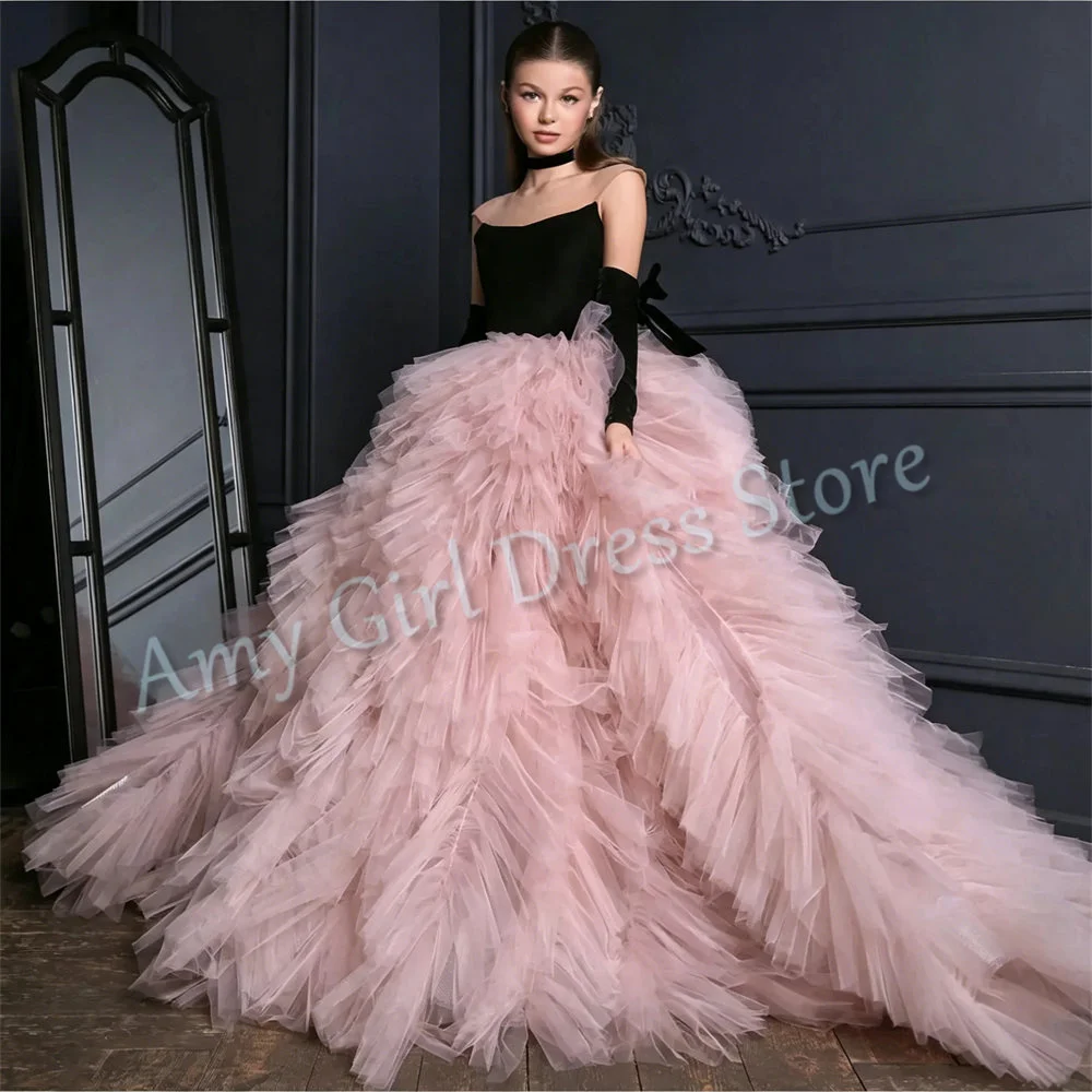 

Customized Dusty Pink Flower Girl Dress For Wedding Tulle Floor Length Layered Princess First Communion Bridesmaid Pageant Gown