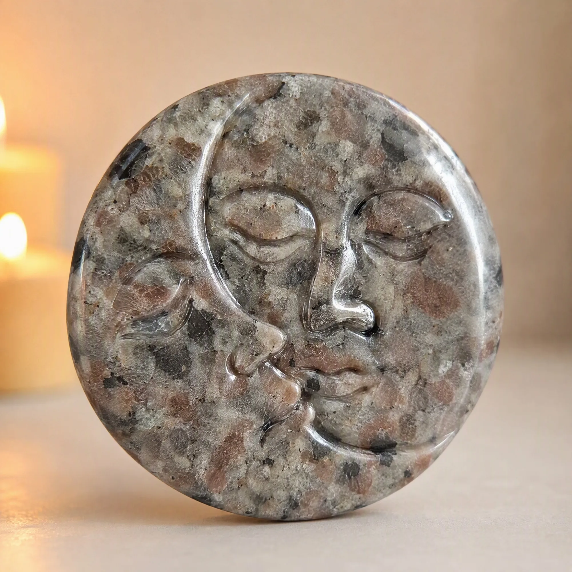Hand Carved Random Appearance Yooperlite Sun Moon Face Palm Stone, UV Reactive Fluorescent Sculpture Worry Stone