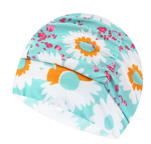 Women Pleated Flowers Printed Fabric Swim Pool Sport Swimming Cap Ladies Protect Long Hair Elastic Nylon Bathing Caps Hat Turban