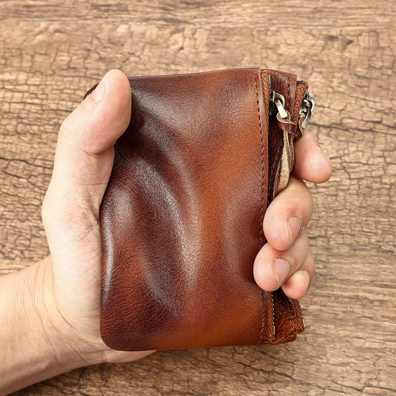 Genuine leather vintage coin purse, large capacity, double zipper wallet, multiple card slots, slim leather wallet, coin and sma