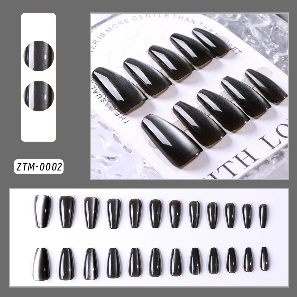 24pcs Graphene Black Fake Nails Long Coffin Cat Eye Nail Press on Nails Faux Fingernails Christmas False Nails Acrylic Manicure*