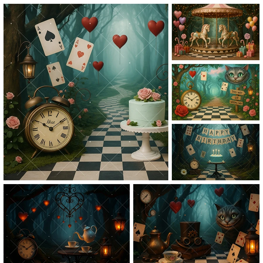 floresta-magica-poker-pano-de-fundo-personalizado-retro-relogio-preto-branco-trelica-piso-fotografia-fundo-realizar-festa-aniversario-decoracao