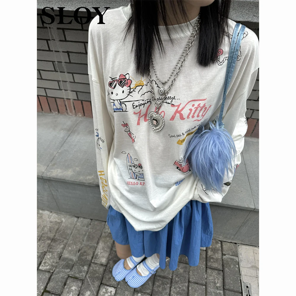 

Vew Miniso Hello Kitty Long Sleeve T-shirt Y2K Kawaii Girls' Letter Printed Cotton Loose Long Sleeve Sweet Cool Girls Clothing