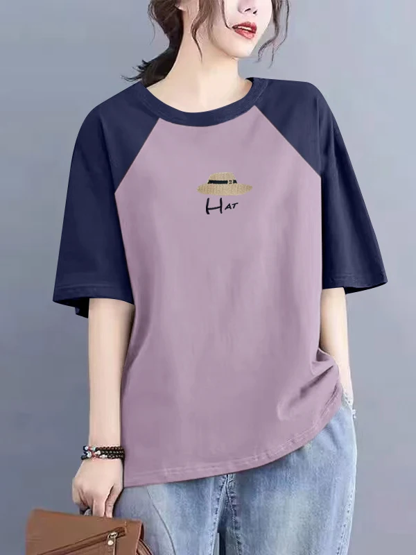 เสื้อยืดผ้าฝ้ายพิมพ์ลายสำหรับผู้หญิงไซส์ใหญ่ แฟชั่นฤดูร้อน ตัดป้าย กระดุมผ้าฝ้ายแท้ ทรงกลม แขนสั้น สไตล์เกาหลี