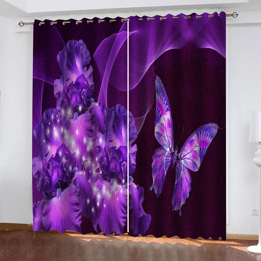 Floral Purple Rose Butterfly Series Design Two Drape Thin Window Curtains for Living Room Bedroom Decor 2 Pieces Free Shipping