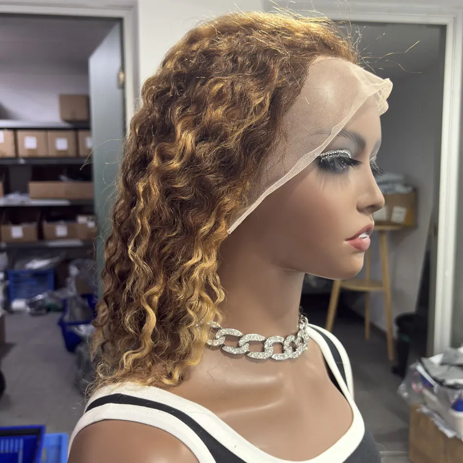 

P4/27 Highlight Ombre Curly Bob Wig Человеческие волосы 13x4 Hd Парик фронта шнурка 200% Плотность Глубокая волна Ombre Медовый блондин Короткие парики Боб