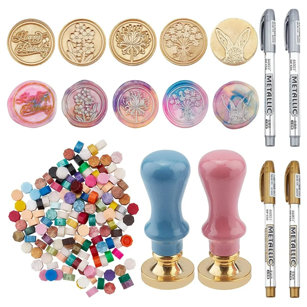 Wax Seal Stamp Heads Set 5pcs Vintage Sealing Wax Stamps with 2pcs Wood Handles,150pcs Mix Color Sealing Wax Beads,4pcs