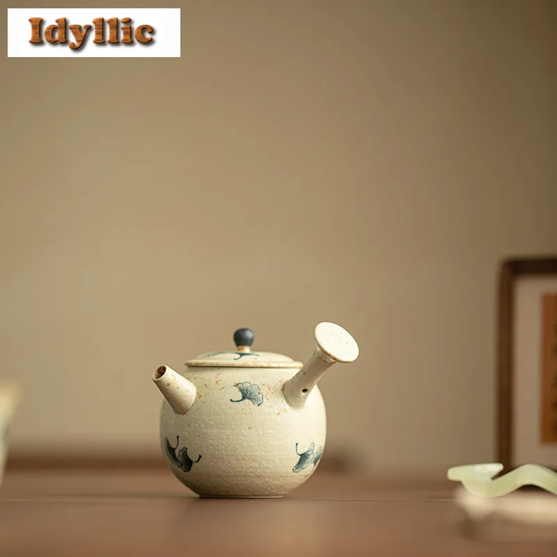 

150ml Hand-painted Ginkgo Side Handle Teapot Aesthetic Tea Infuser Pot Tea Maker Kettle With Ball Hole Teaset Accessories Gift