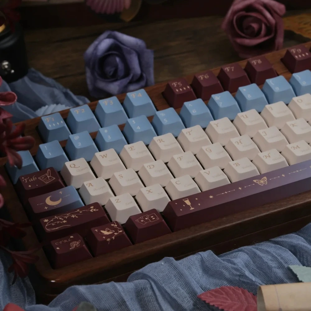 Night Flower Butterfly Keycap 140 Keys Cherry Profile PBT Sublimation Keycaps for Cross-axis Mechanical Keyboard Retro Key Caps