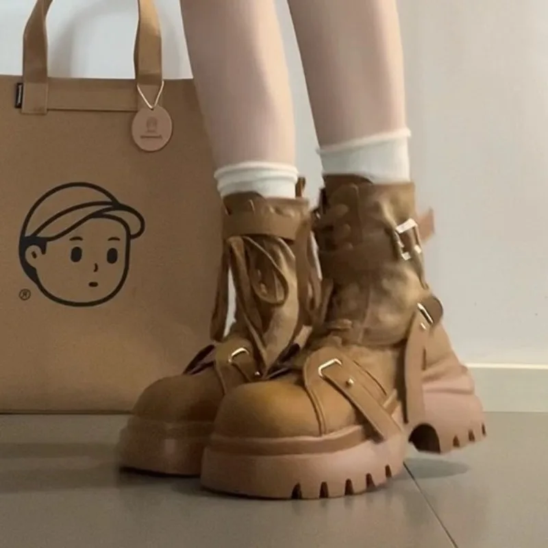 

Boots for Women's Retro Round Head Belt Buckle Thick-soled Short Boots Women's Fashion Medium Tube Locomotive Boots Botas Mujer