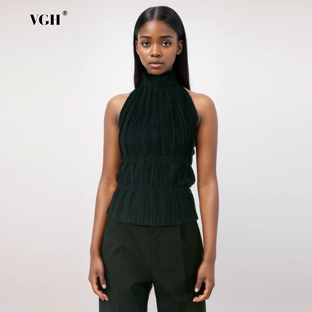 

VGH Solid Patchwork Lace Up Backless Vest For Women Stand Collse Sleeveless Slimming Temperament Tops Female Fashion Style New