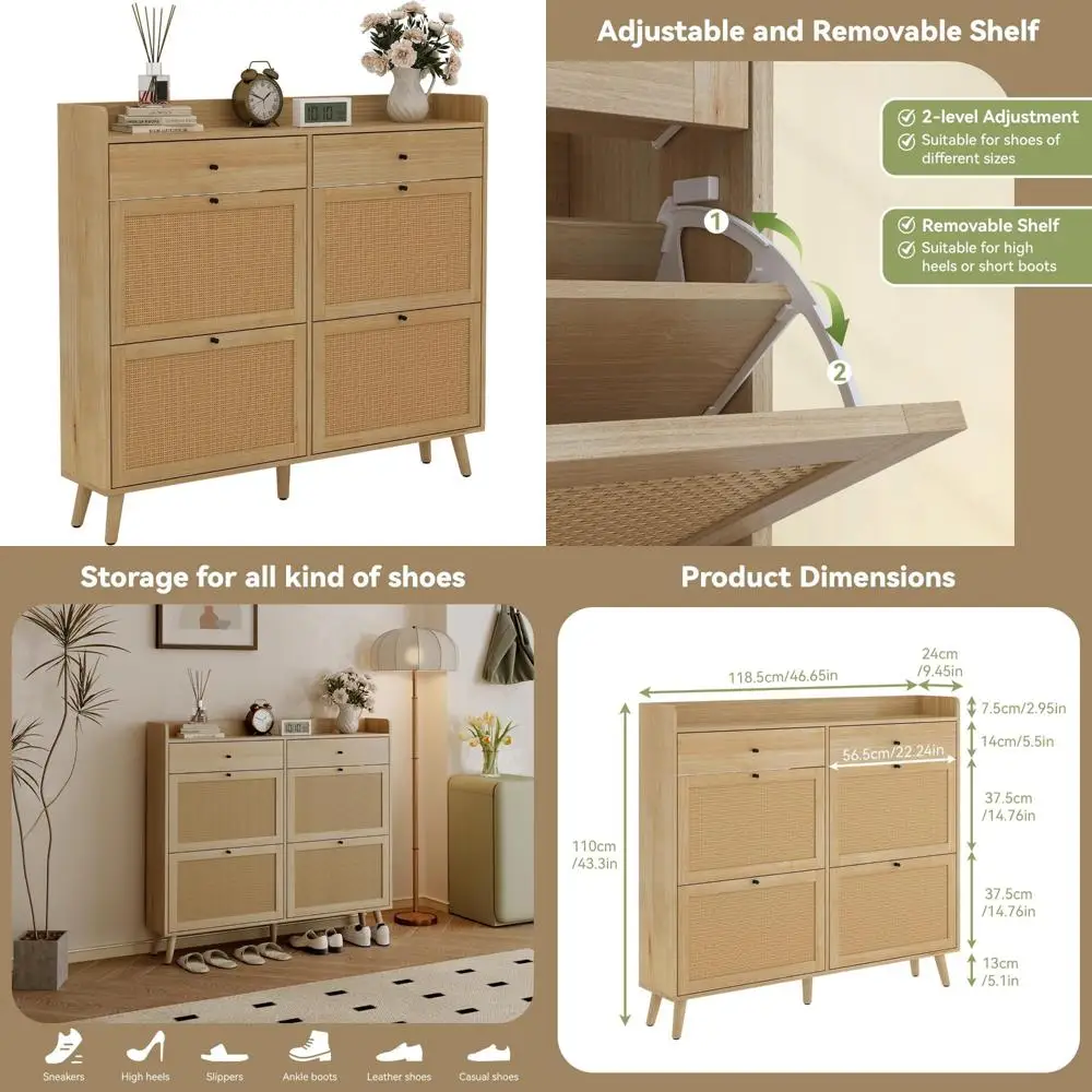 shoe cabinet with 4 rattan flip drawers & 2 drawer, hidden free-standing shoe rack, wooden shoe storage cabinet with legs for e