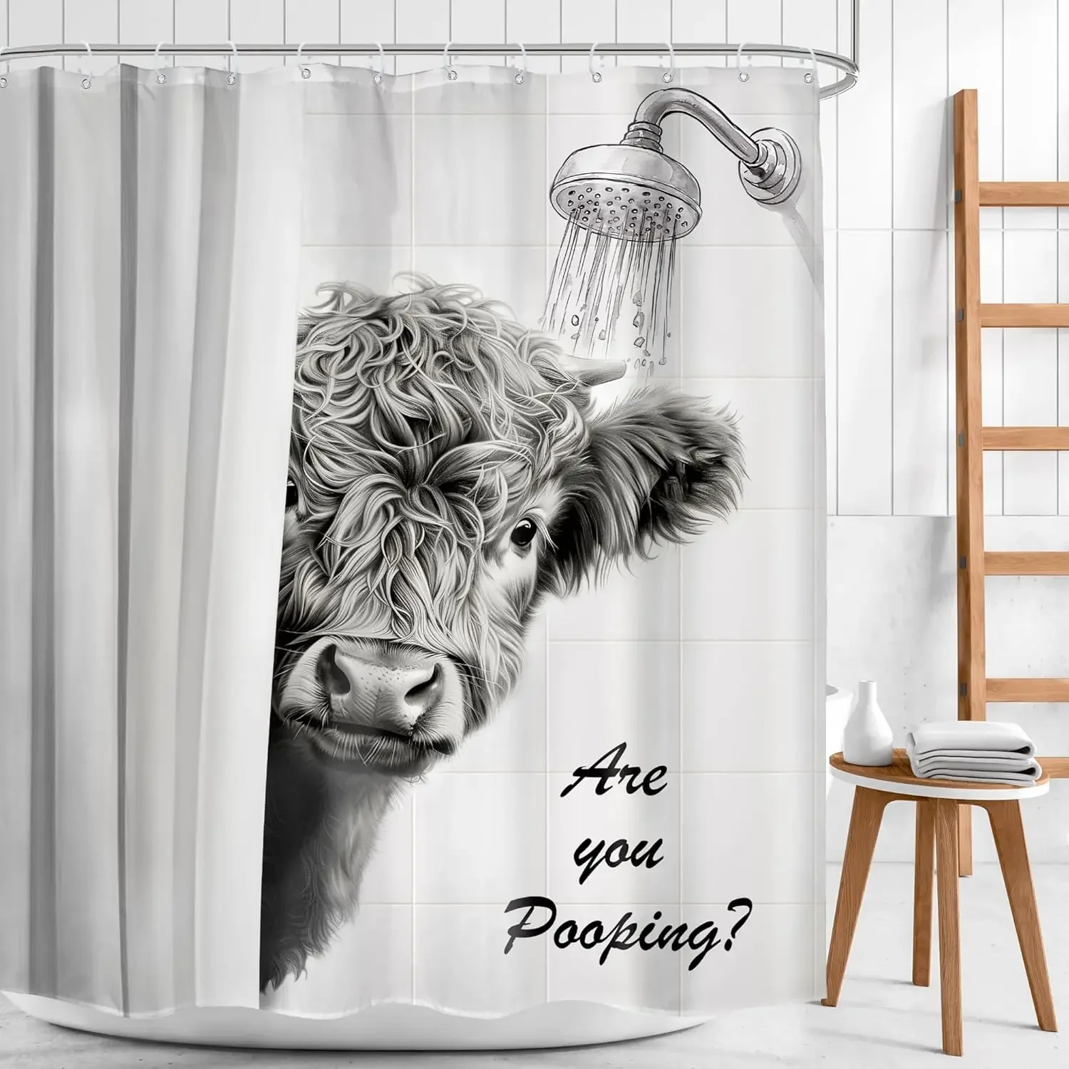 Funny Cow Shower Curtain Western Highland Cow Black White Farmhouse Farm Animal Bull Cattle Cute Fun Rustic Bathroom Decor