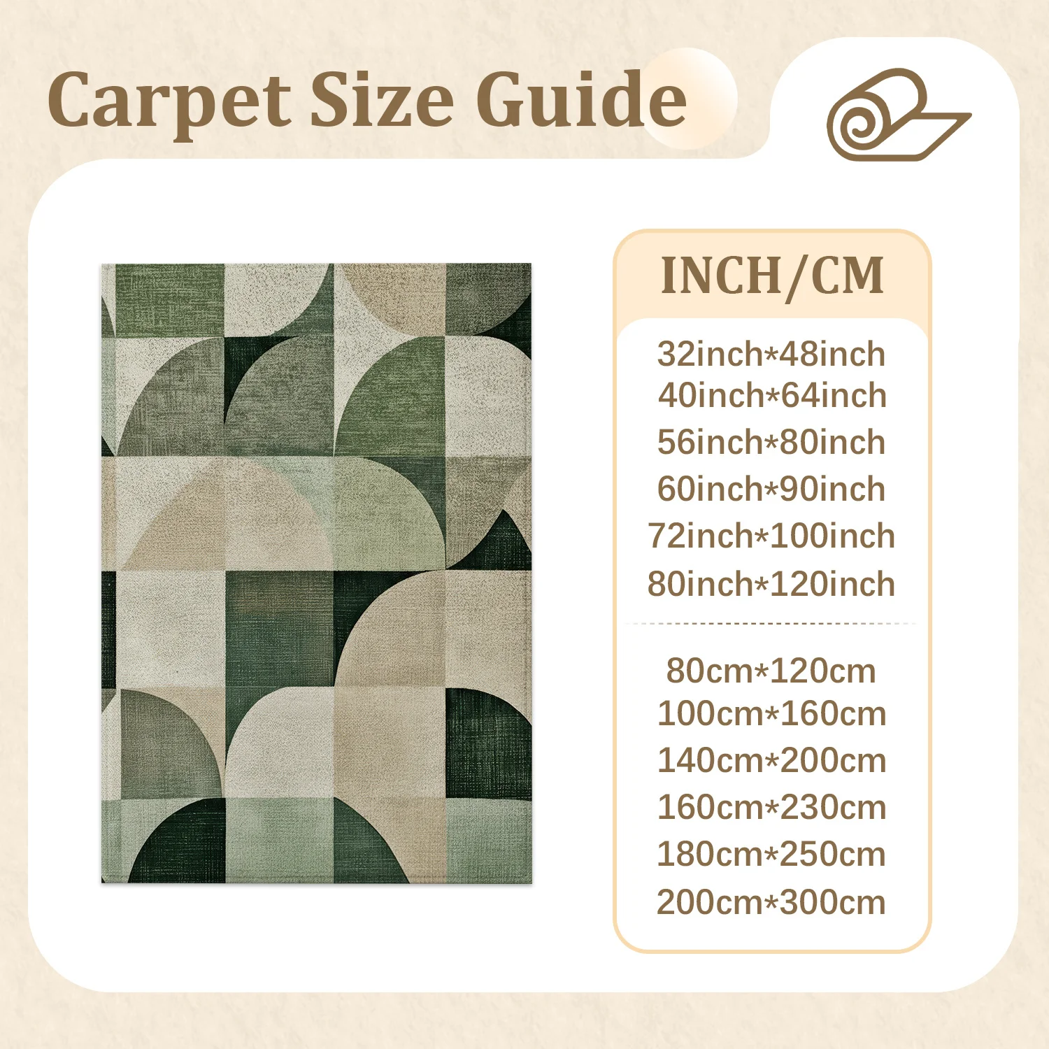 Large Indoor Area Rug, Soft Velvet Low Pile, Non-Slip Dotted Backing, Machine Washable, Geometric Mid-Century Modern Sage Green & Beige Pattern, Ideal for Living Room, Bedroom, Home Decor