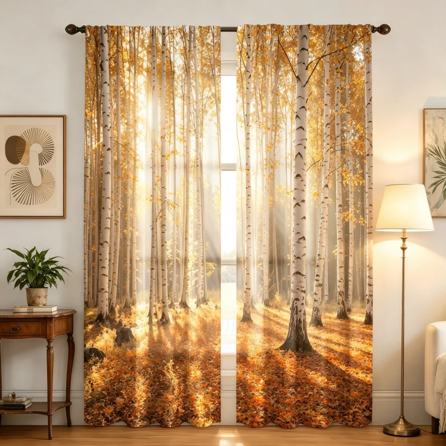 2PCS Digital Print Curtain, Autumn Birch Forest Landscape, Fall Woods Nature Scenic Style for Living Room Bedroom Decor
