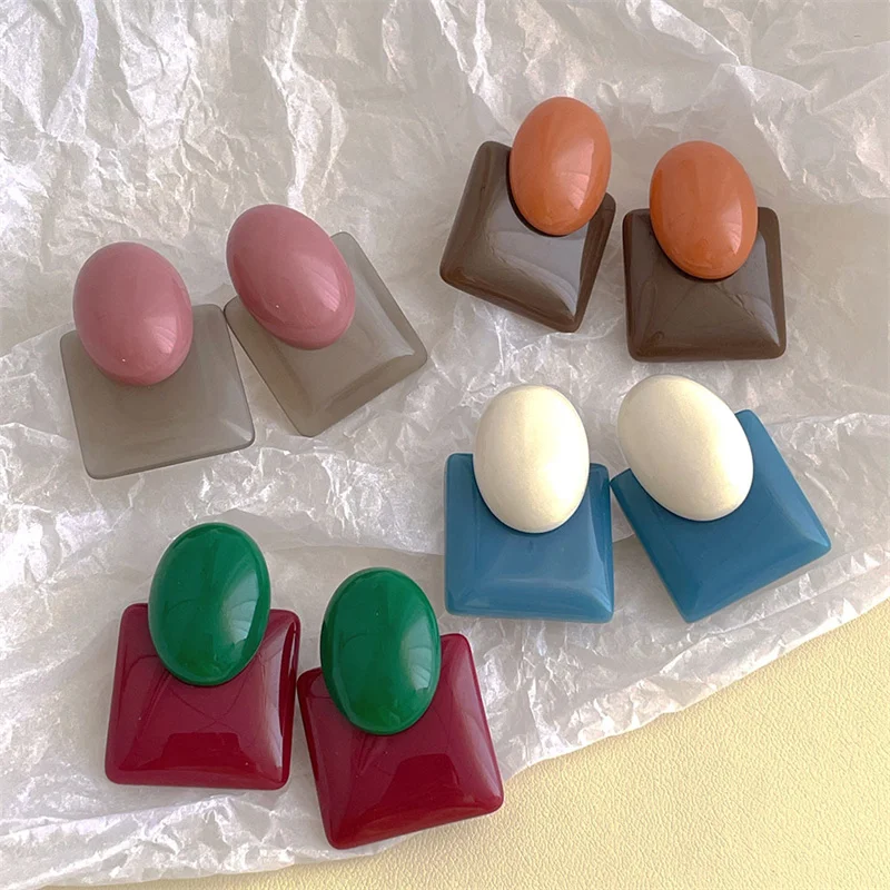 Vintage French Square Ellipse Color Blocking Earrings For Women Girl Temperament Acrylic Geometric Earring Party Banquet Jewelry