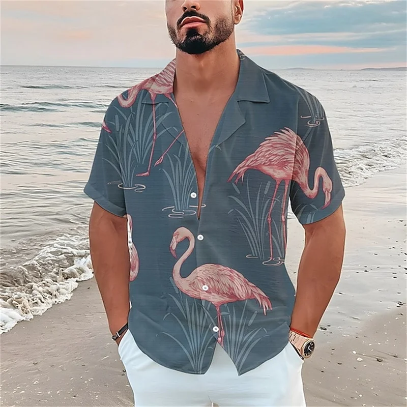 Camisas hawaianas con estampado de flamenco en 3D para hombre, Top de manga corta con botonadura única para playa, ropa de vacaciones a la moda, 2023