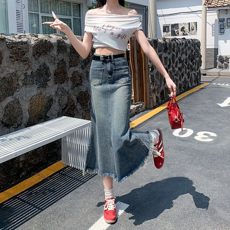 

Women's Denim Skirt Fashionable Slim-Fit High-Waisted Fishtail Denim Skirt 9Os Designer Korean Style Denim Maxi Skirt New