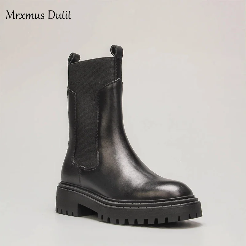 Mrxmus Dutit 2023 Autumn Winter New Fashion Women Genuine Leather Round Head Mid Heel Boots Simple Casual Shoes Female Chic