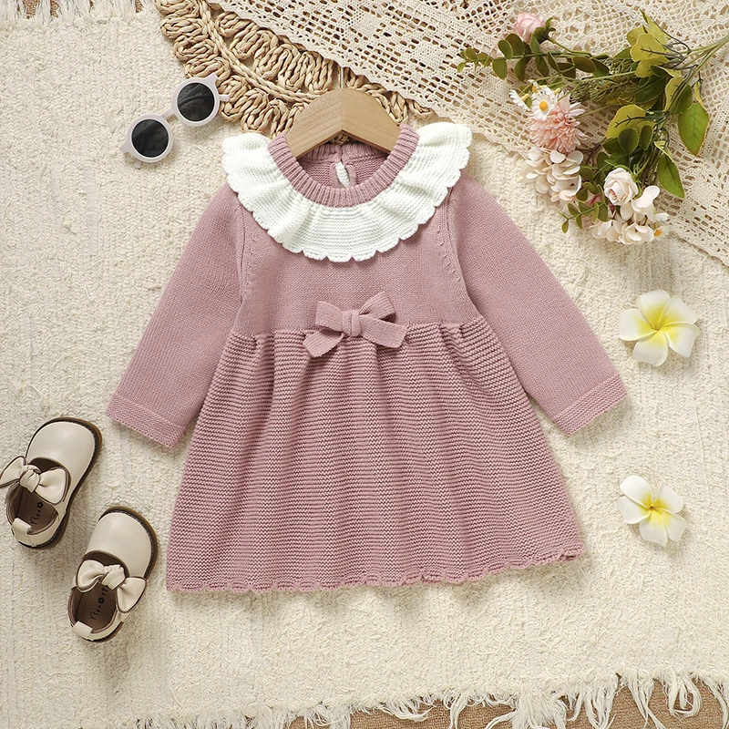 Baby Sweater Dress Knitted Newborn Girl Skrit Long Sleeve Autumn Infant Petticoats Fashion Solid Ruffles Cute Bow Clothes 6M-3Y