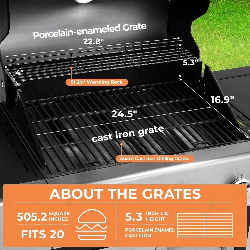 شواية غاز البروبان الخارجية ذات 4 شوايات، مخرج 40000 وحدة حرارية بريطانية من الفولاذ المقاوم للصدأ مع موقد جانبي 12000 وحدة حرارية بريطانية ومقياس حرارة و